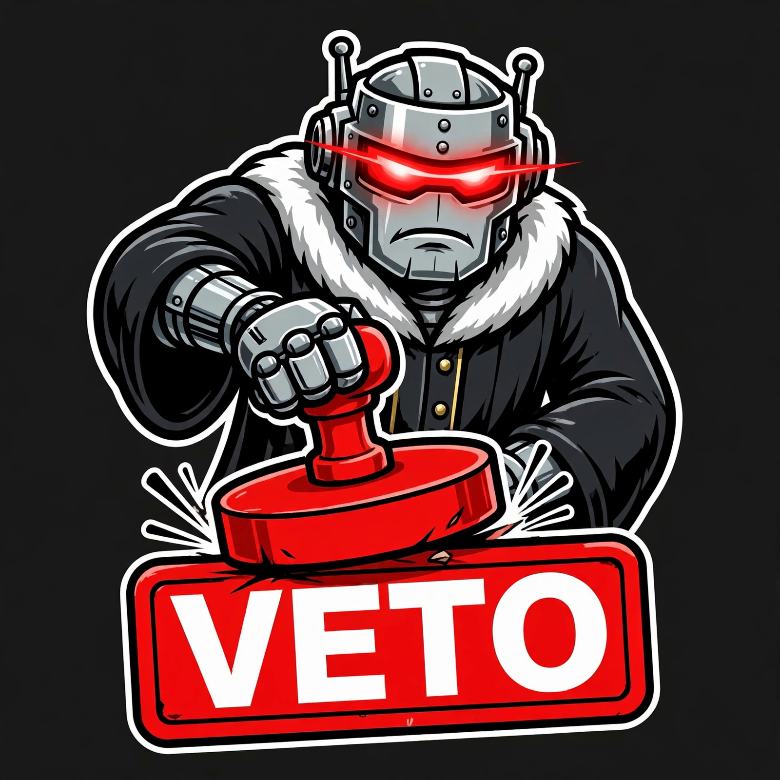 VETO — a robot judge in a fur-collared coat slamming a giant red VETO stamp
